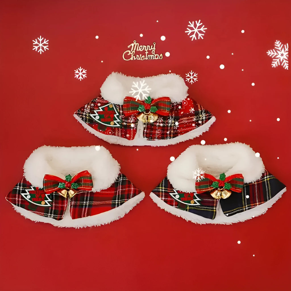 Red background dog scarf with bell pattern draped on a small dog's back for Christmas.