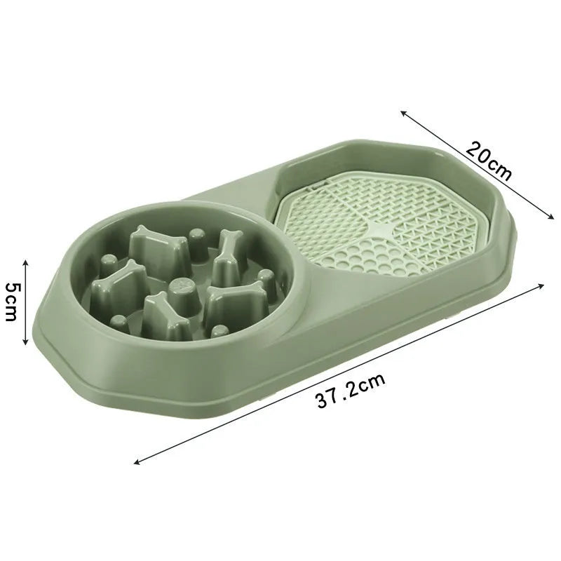 Blue slow feeder dog bowl with maze pattern for interactive feeding, showing non-slip pads on base.