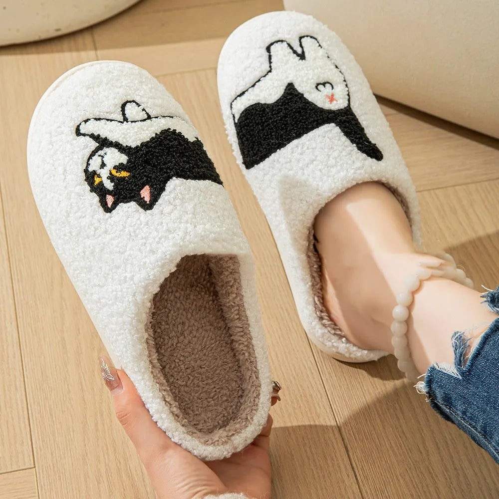 White cotton slippers with cartoon pattern, suede upper, artificial wool lining and non-slip TPR sole, sizes 36-45