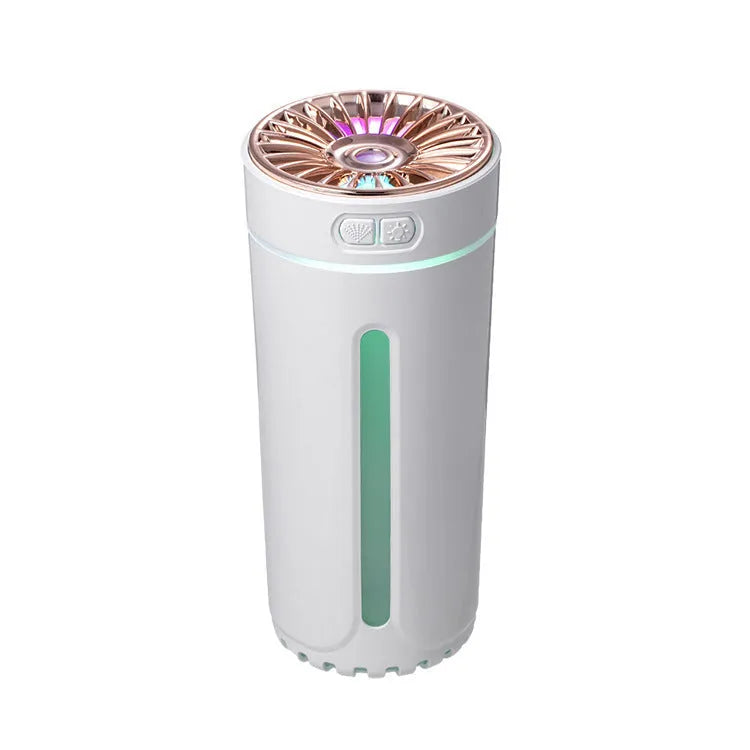 Black USB rechargeable car humidifier with colourful lights showing mist output, sized for cup holders