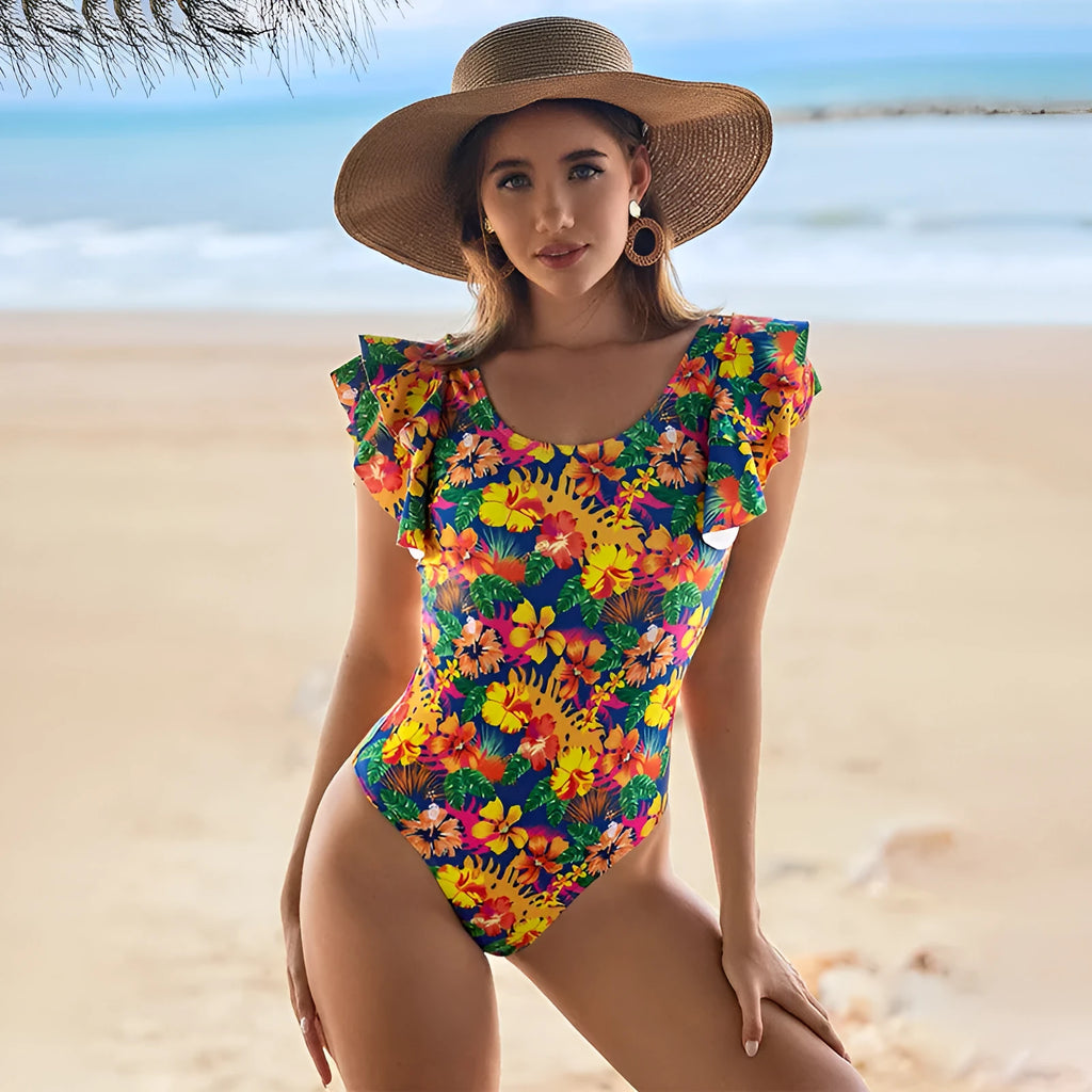 Women's one-piece swimsuit with U-shaped collar and lace design on polyester fabric