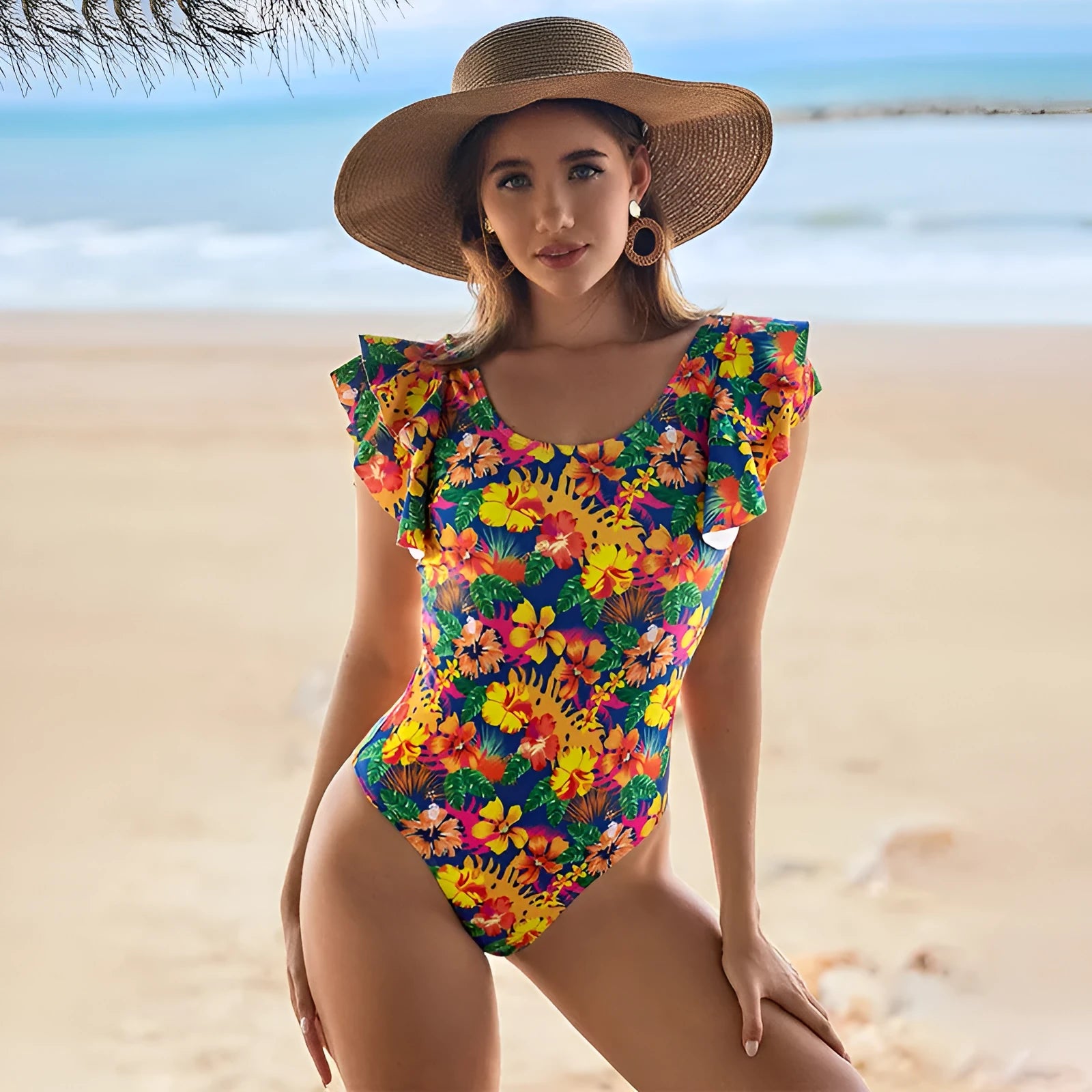 Women's one-piece swimsuit with U-shaped collar and lace design on polyester fabric