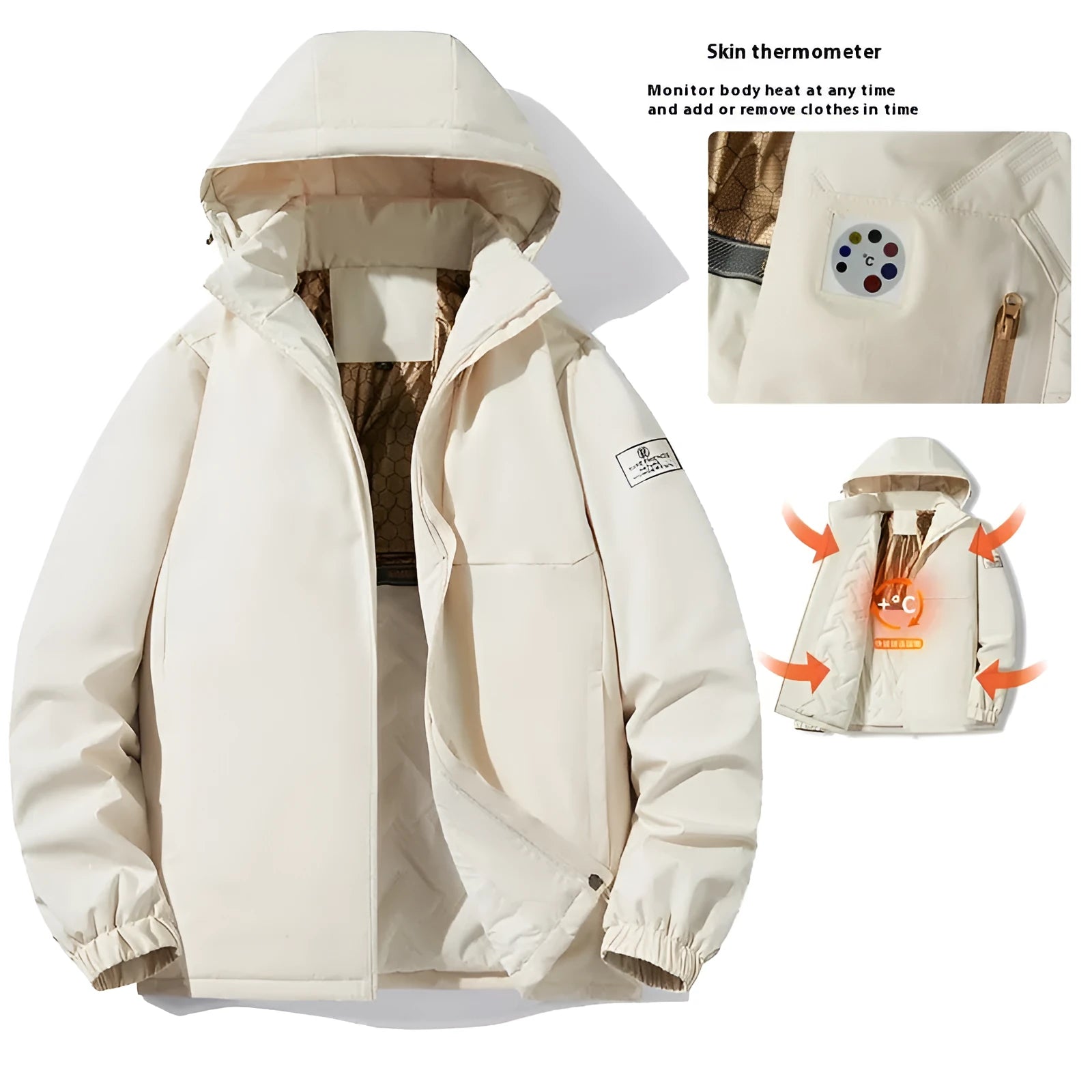 Autumn winter outdoor waterproof jacket with temperature sensing technology in polyester material