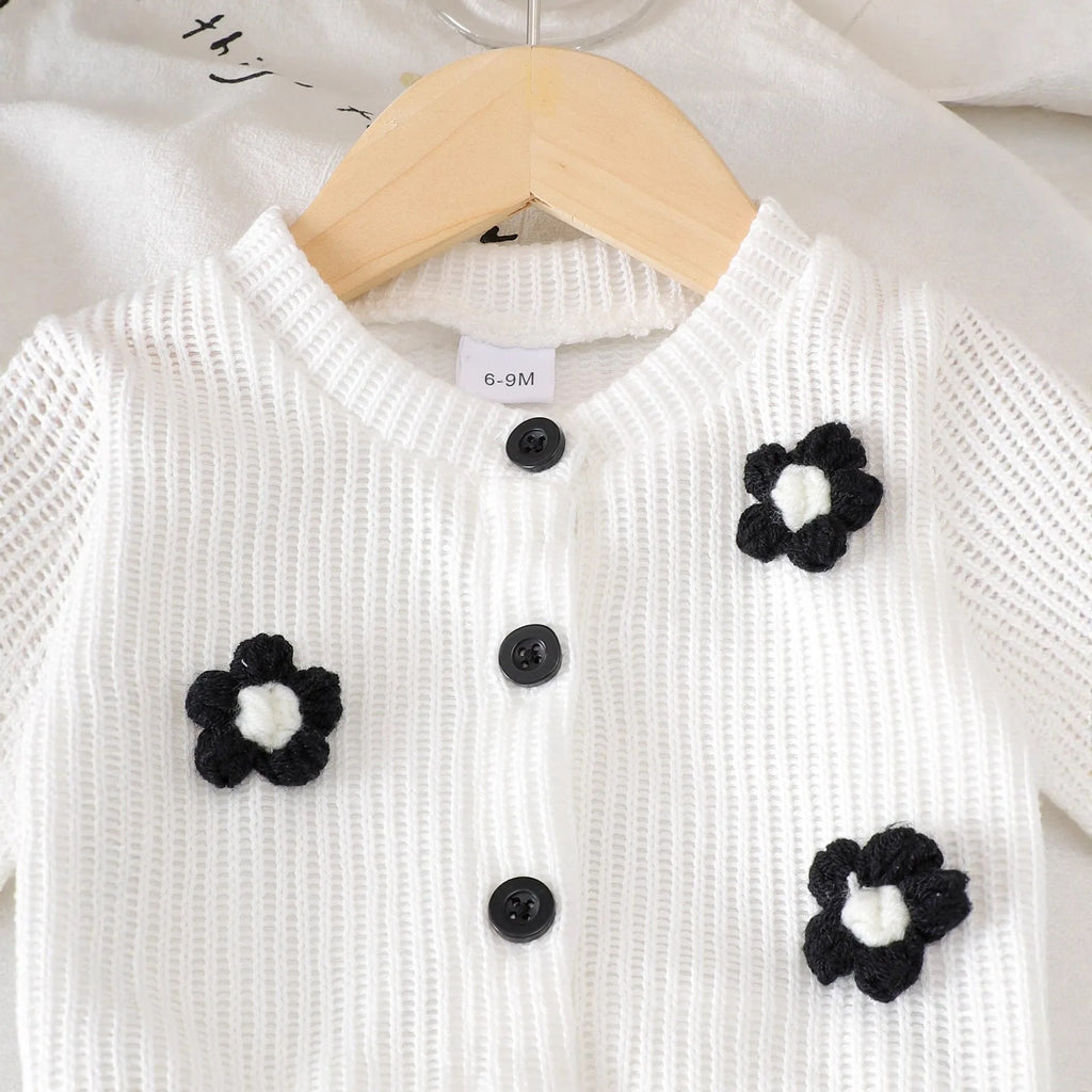 White cotton flower print long sleeve top and black trousers baby outfit set