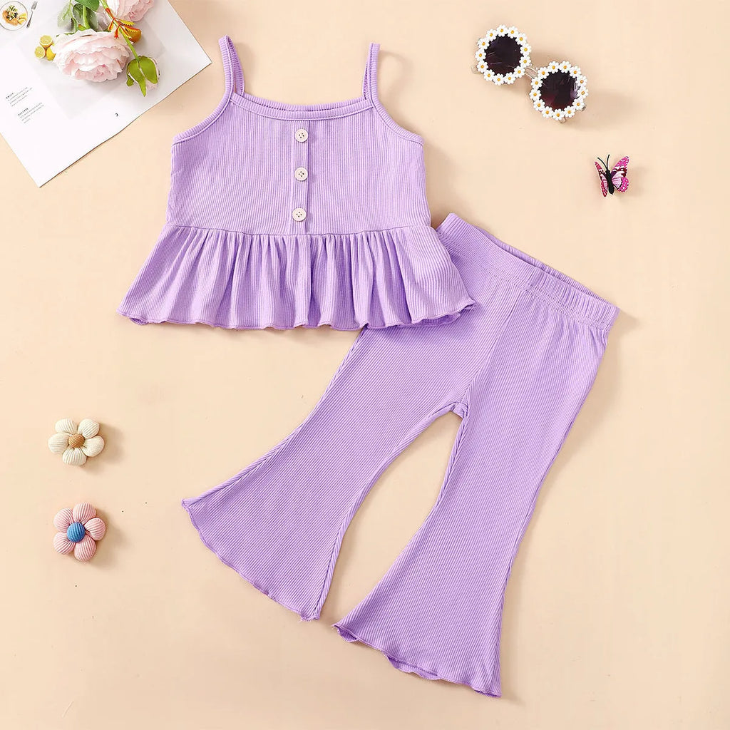 Girls cotton tricolor overall dress set in ocean green with shirt and pants, front view