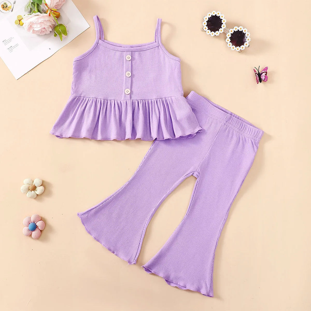 Girls cotton tricolor overall dress set in ocean green with shirt and pants, front view