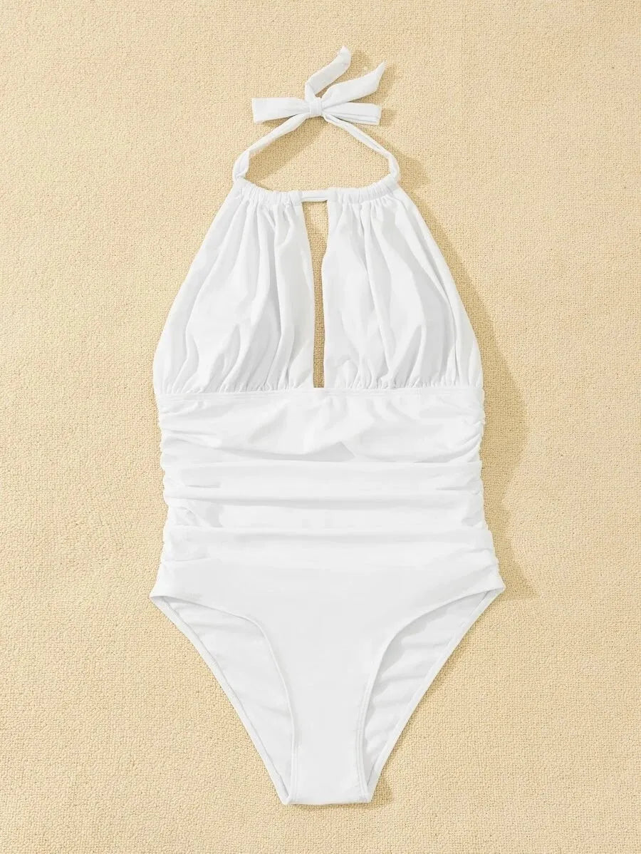Women's solid colour polyester one-piece swimsuit in black, white, red, and yellow for swimming and wading