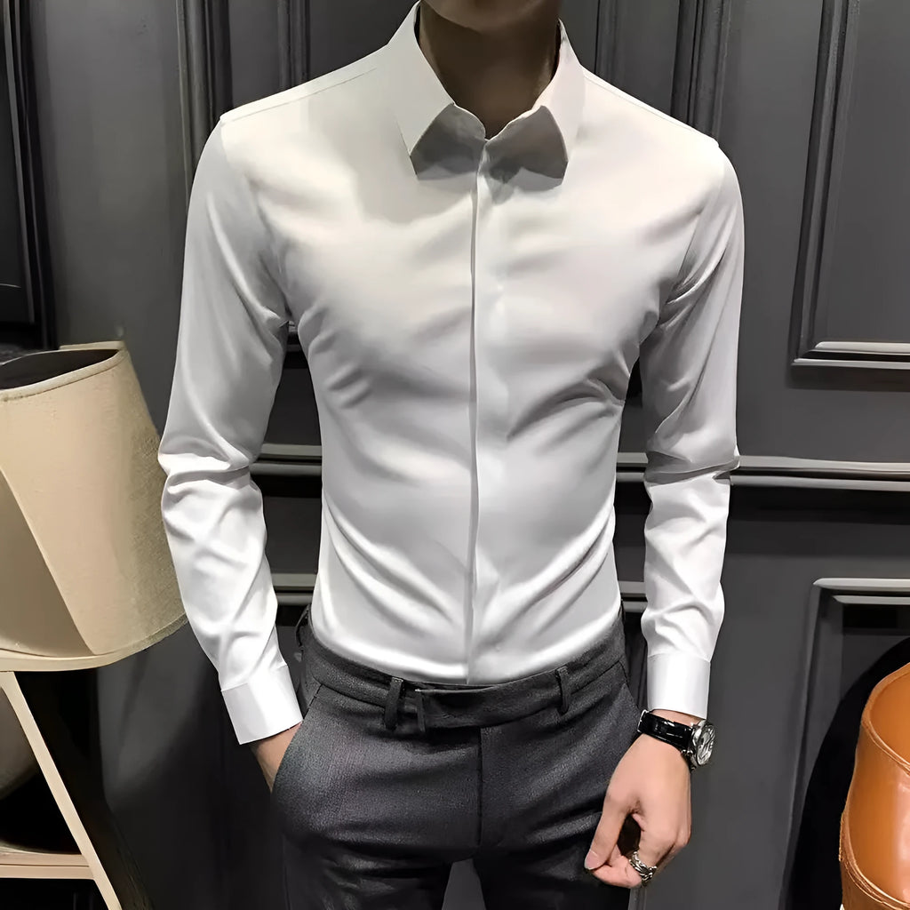 Men's long sleeve business shirt in solid white, black or dark grey, Korean-style cut, sizes M to 3XL
