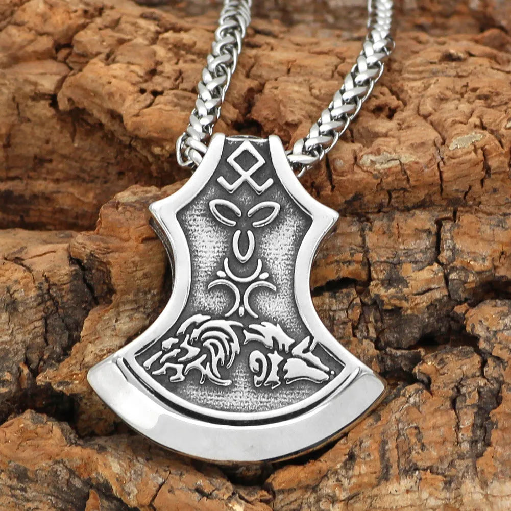 Viking Torto axe Celtic wolf pendant necklace on antique silver twisted chain, alloy, unisex