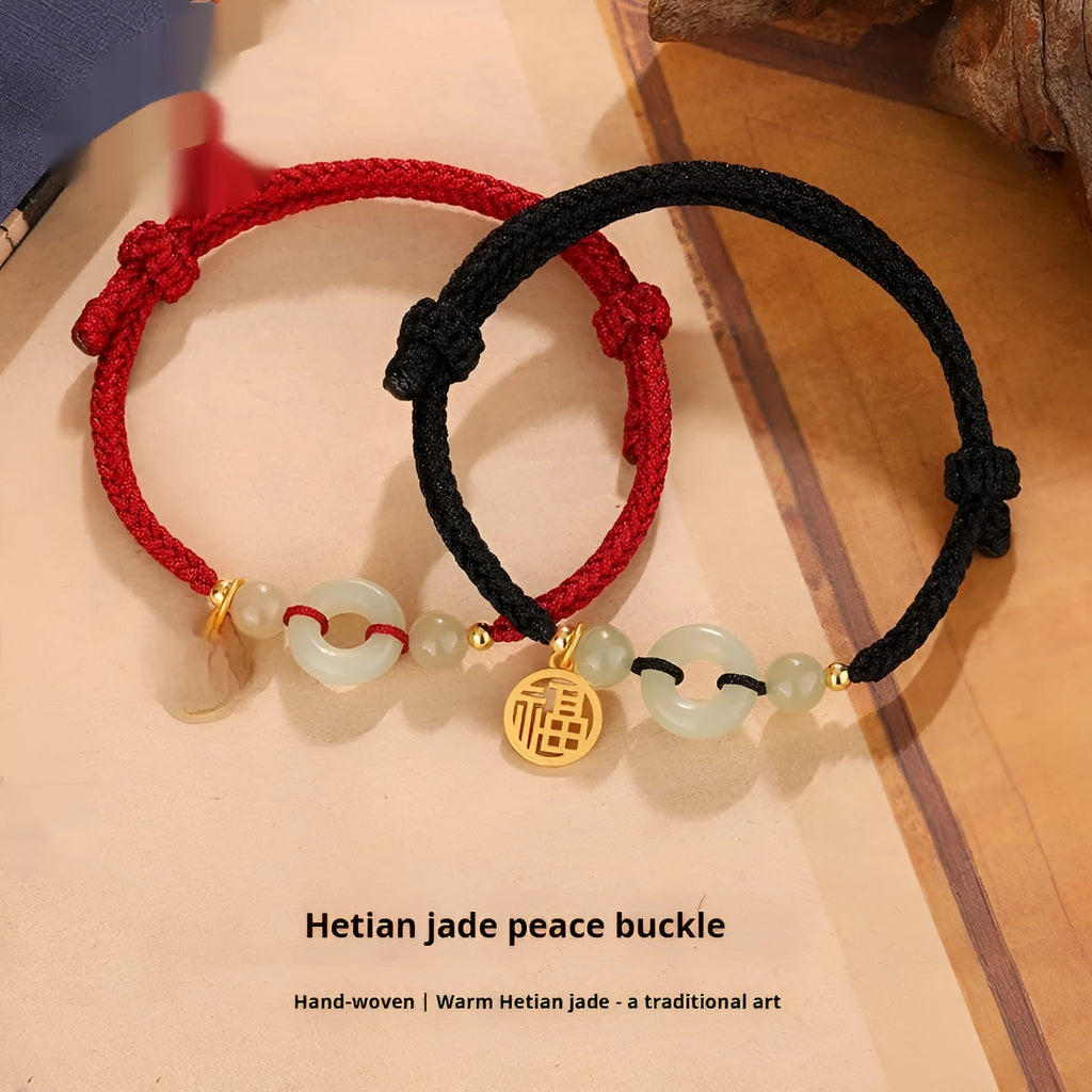 Hetian jade peace buckle blessing card carrying strap bracelet in silver geometric design