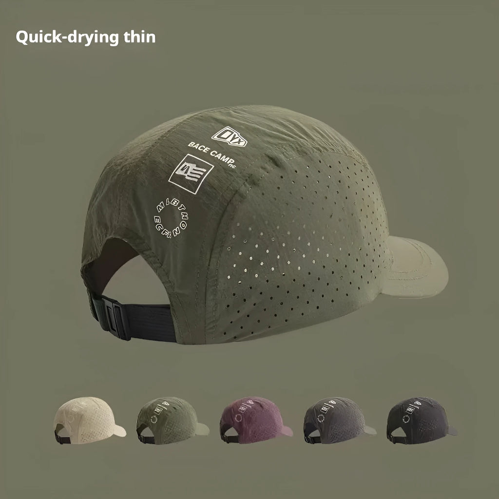 Men's adjustable baseball cap with mesh construction in purple, khaki, green, black, or grey