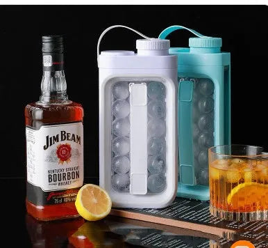 Light blue and white portable ice ball kettle with quick release mould, shown making 17 ice balls.