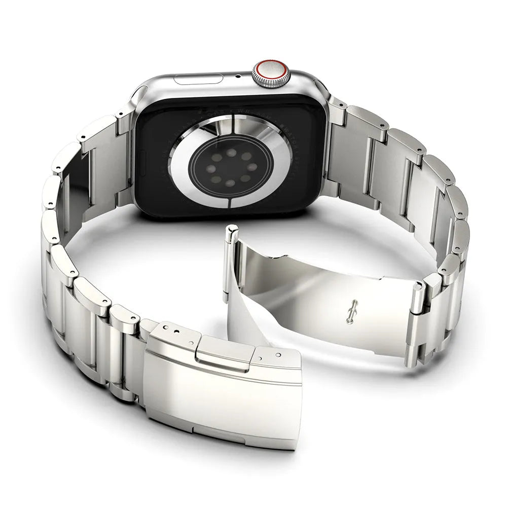 Titanium alloy Apple Watch replacement strap with folding buckle in black and silver colours