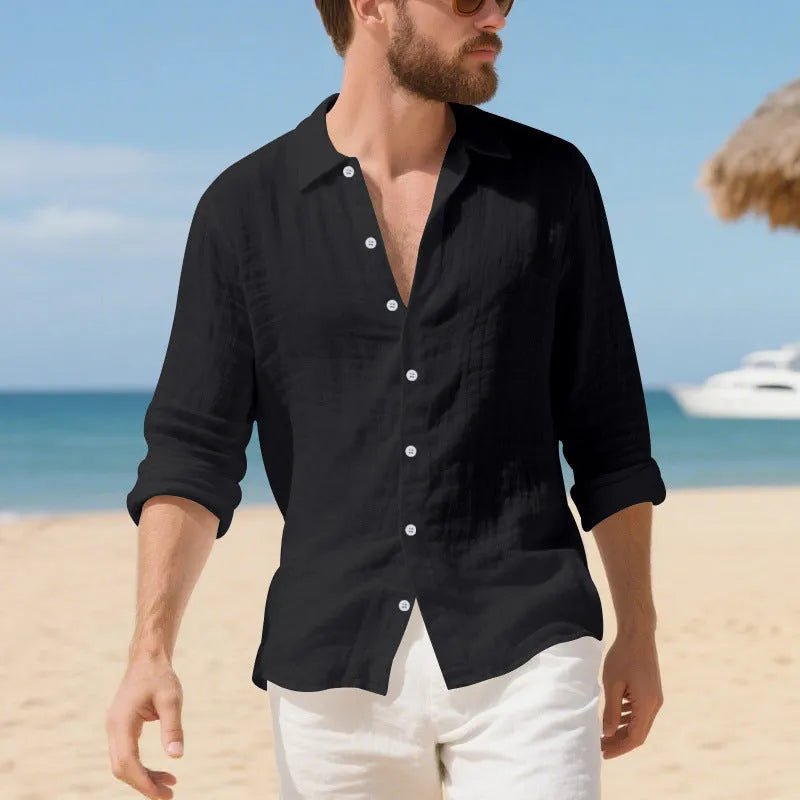 Man wearing a loose-fit light blue linen casual shirt with a non-iron finish.