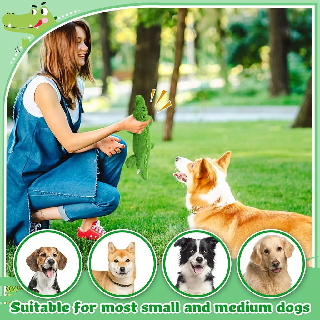 Green crocodile plush dog toy with squeaker and crinkle paper tail for aggressive chewers