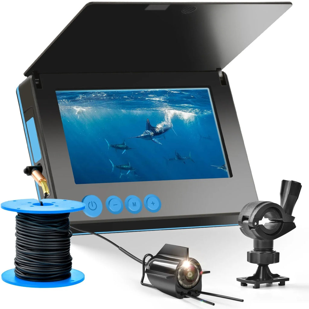 Underwater fish finder camera with 4.3-inch display screen and separate camera unit on a long cable.