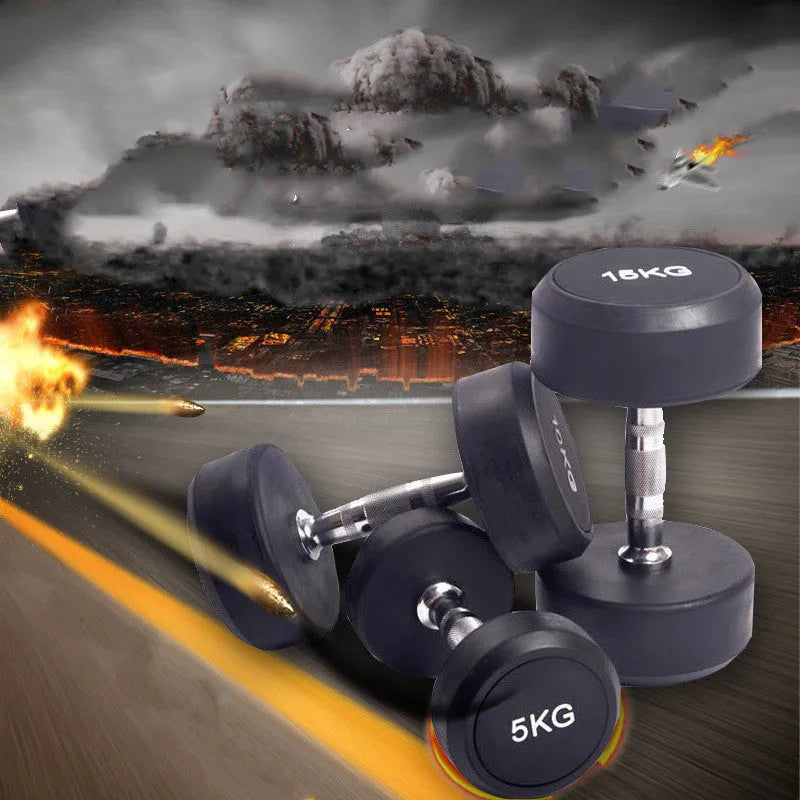 Black cast iron rubberized round head fitness dumbbell, single weight available in 1kg, 2.5kg and 5kg