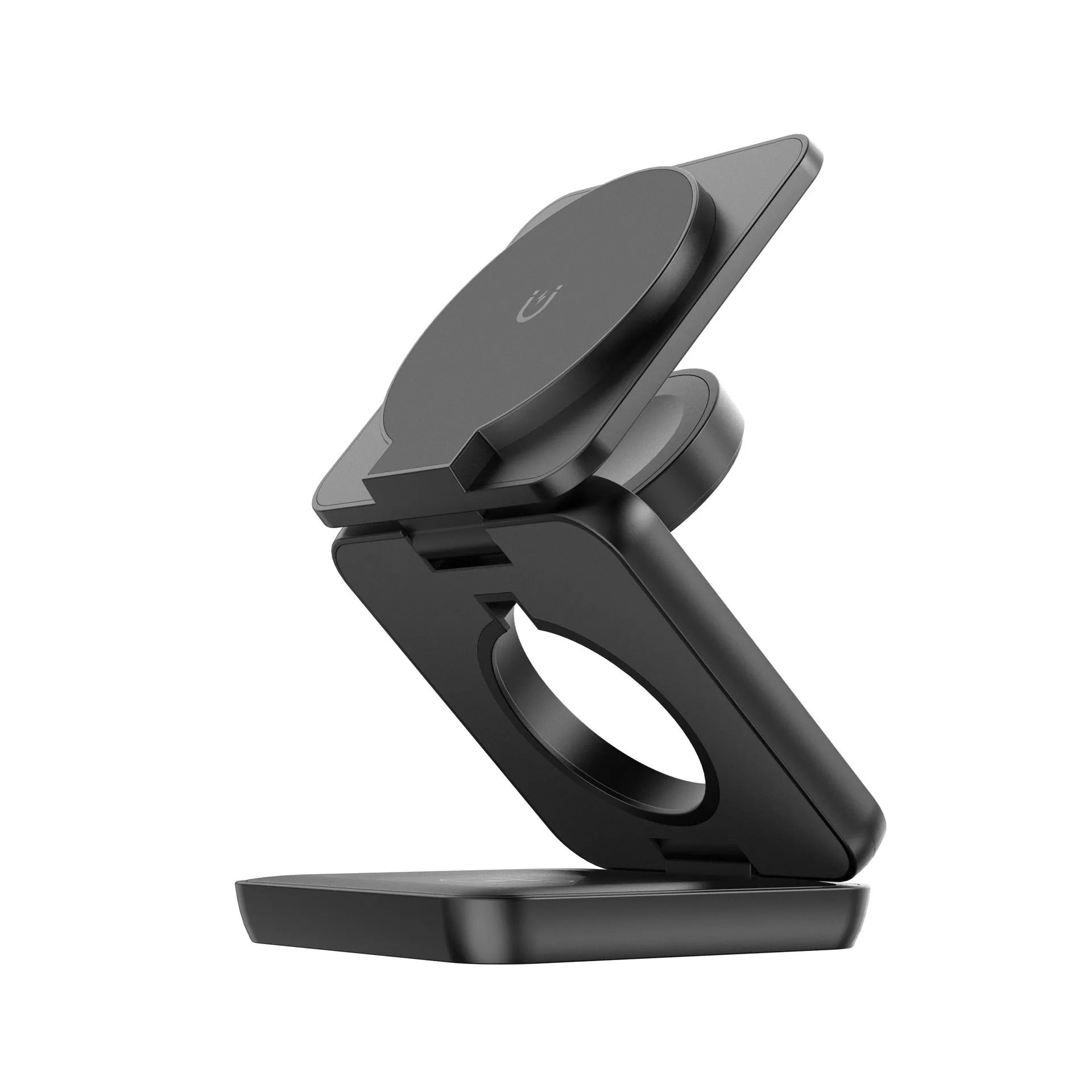 Black foldable magnetic wireless phone charger showing compact 70x70mm design with QC3.0 fast charging