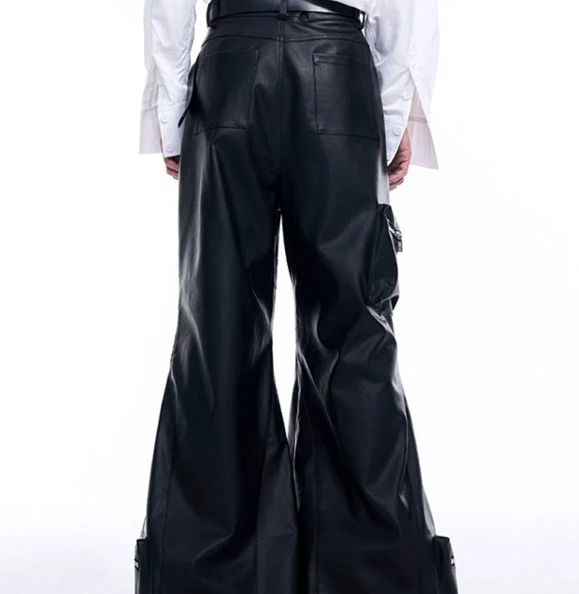 Black wide leg leather pants with three-dimensional pockets, autumn Korean style, sizes S to XL