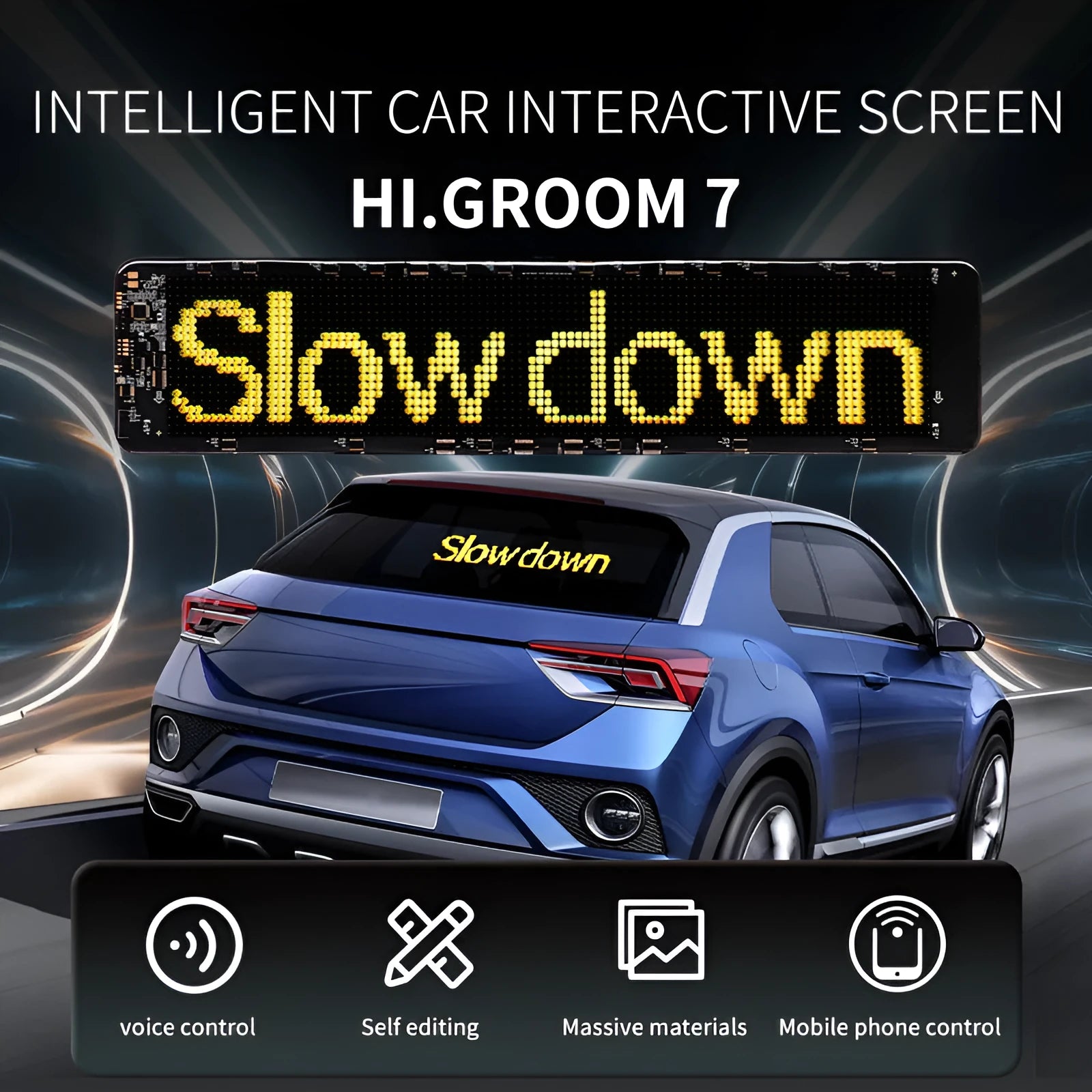 LED smart bumper sticker with a large rectangular HD screen displayed on a mobile phone