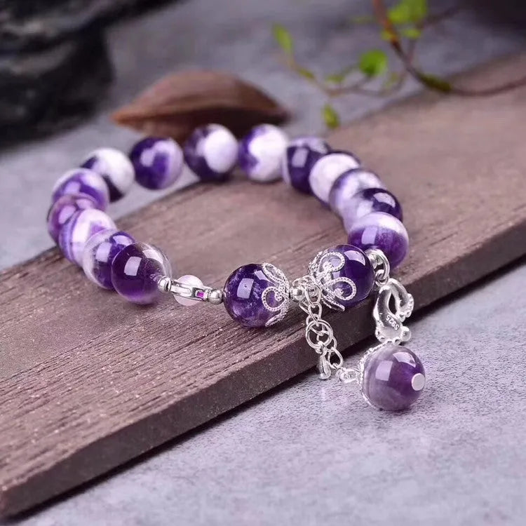 Natural purple amethyst bracelet with 10mm round beads and unset inlaid details for women