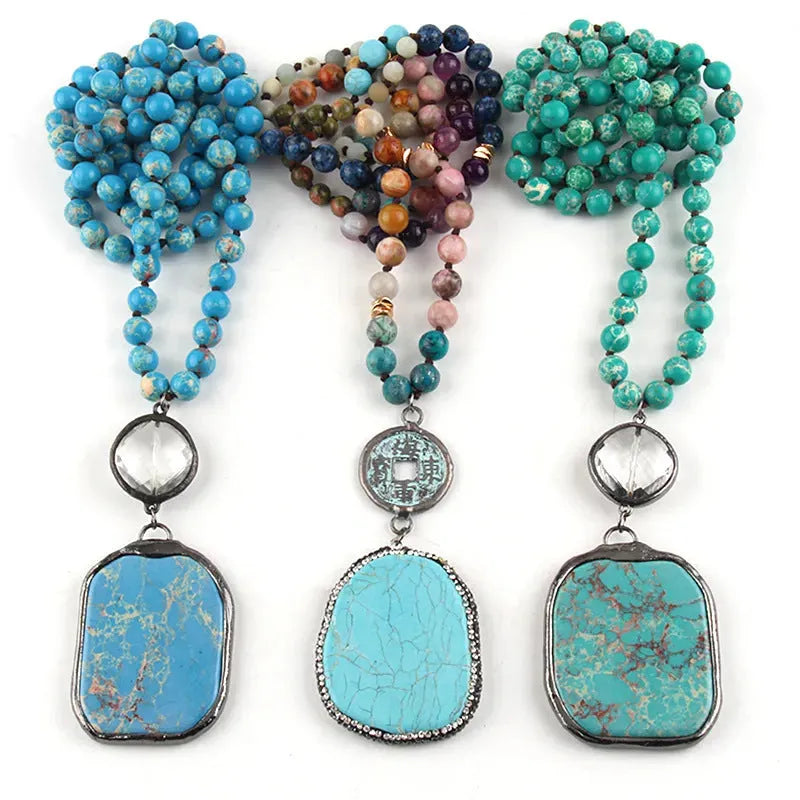 Women's natural stone necklace with geometric ellipse pendant, knot chain, and 81cm and above circumference