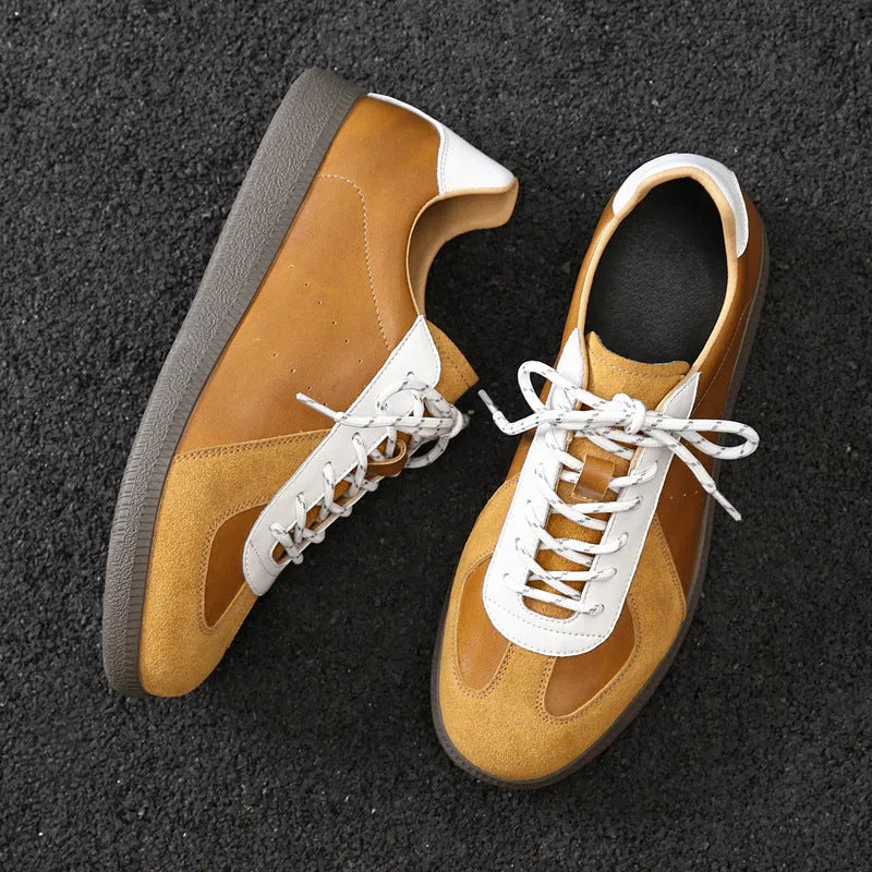 Men's broad casual leather shoes in solid colour, round toe, front lace-up, black and yellow options