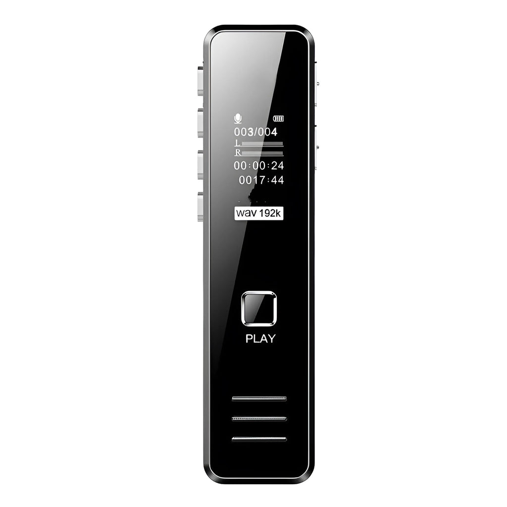 Black mini digital voice recorder showing one-touch button and two-colour display