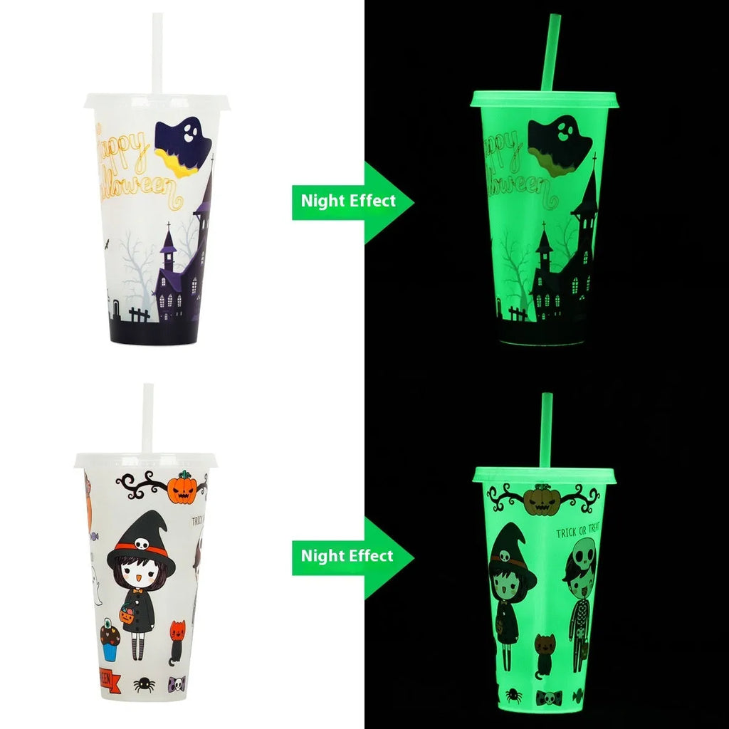 Halloween-themed luminous plastic straw cup with 720ml capacity and cylindrical shape.