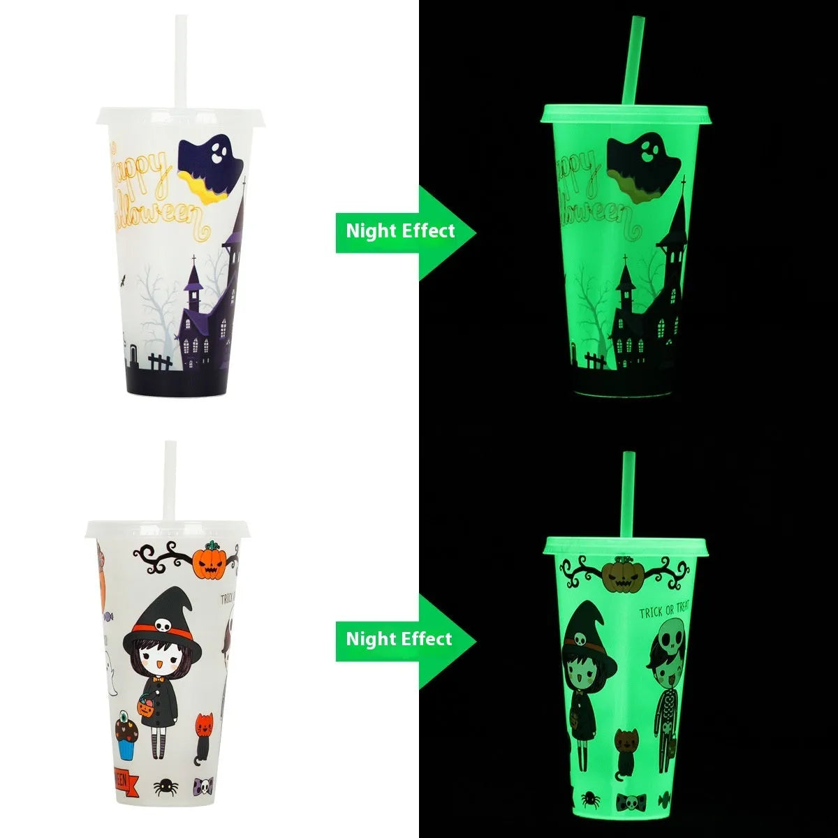 Halloween-themed luminous plastic straw cup with 720ml capacity and cylindrical shape.