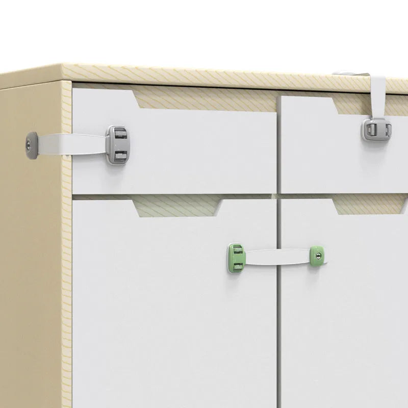 Adjustable child safety cabinet lock with strap showing grey colour and adhesive backing