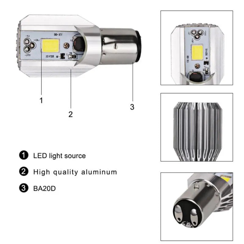 Motorcycle LED headlight unit with aluminium housing and M4/H6 base fittings