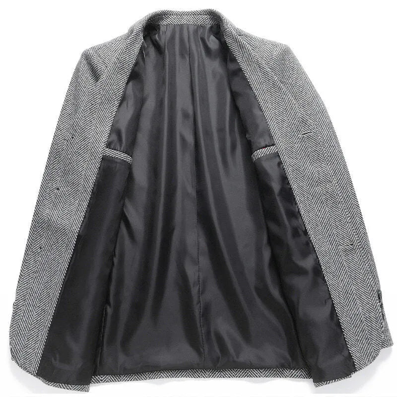 Men's loose-fit woolen suit coat in a solid colour, shown for casual spring or autumn wear.