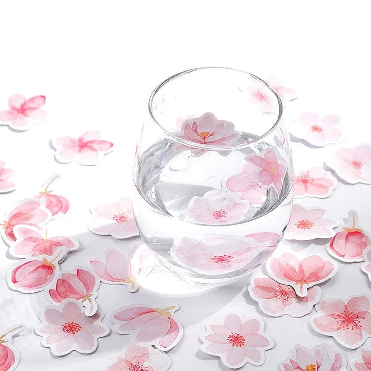 Sakura Story romantic sticker DIY material, 45 self-adhesive paper sheets in pink watercolor design
