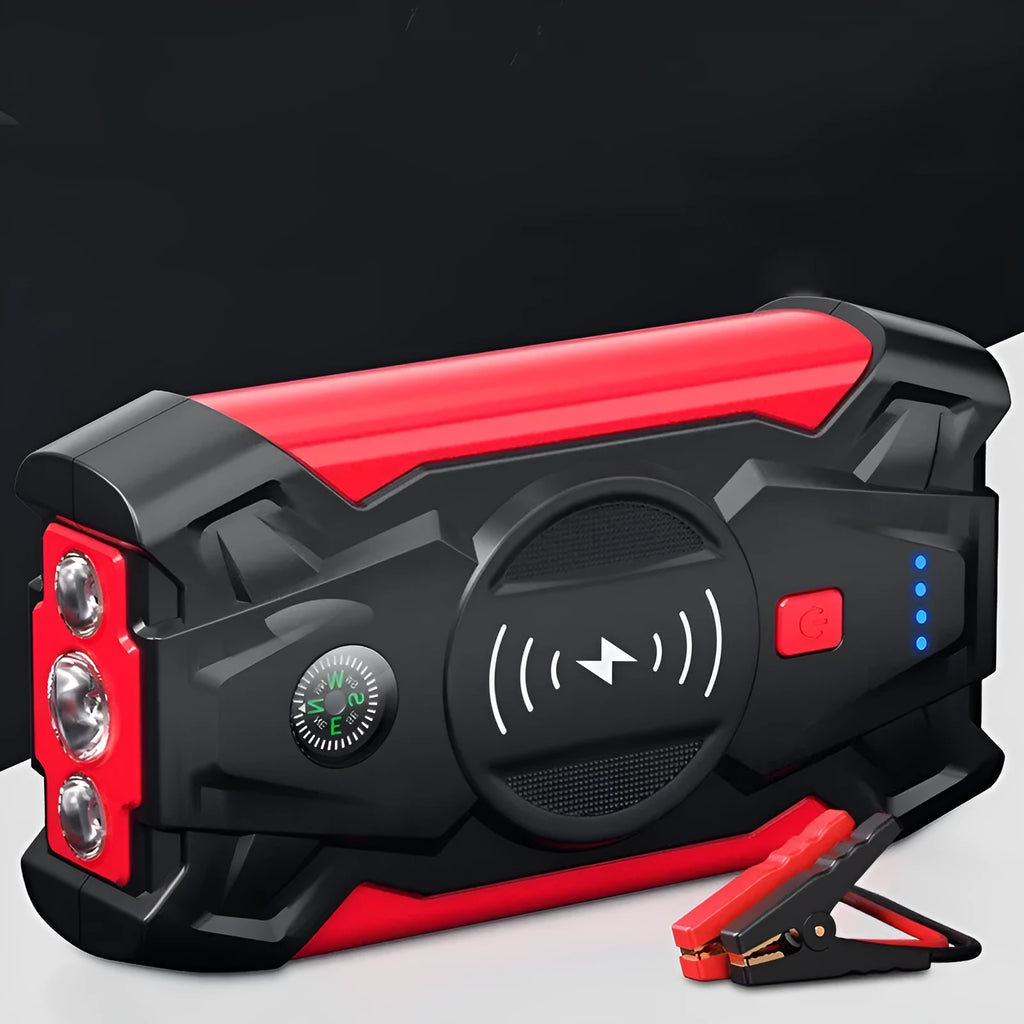 Red 12V car battery jump starter power pack with digital display and heavy-duty crocodile clips