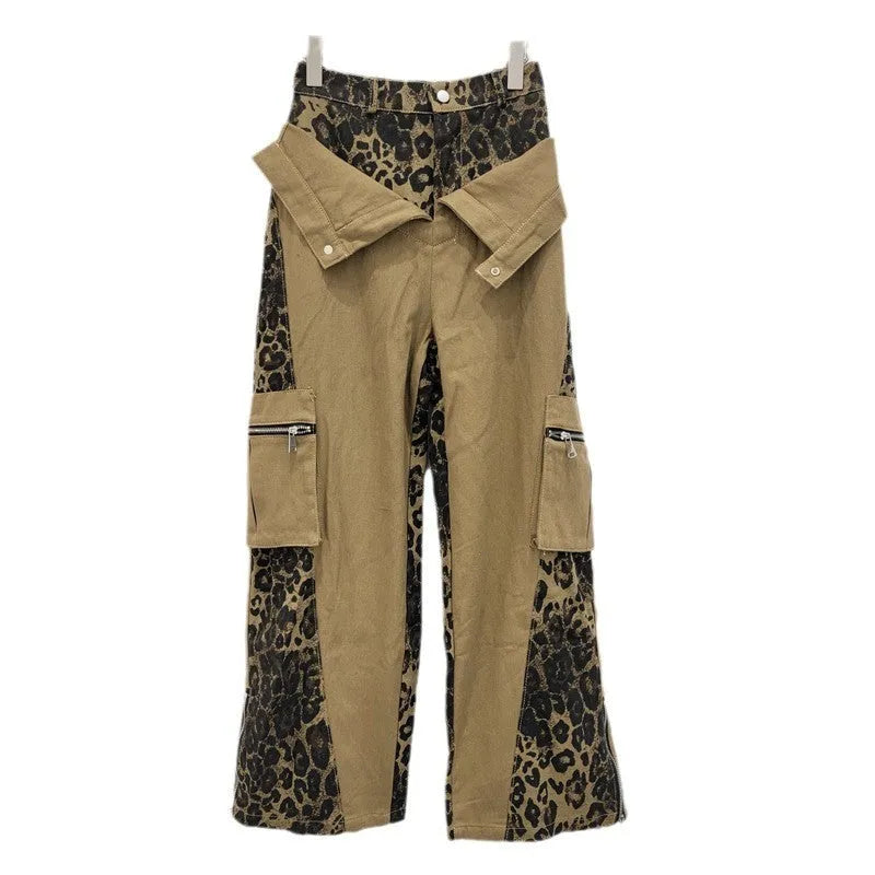 Dark khaki leopard print high waist straight leg jeans with retro tooling style and fake two stitching