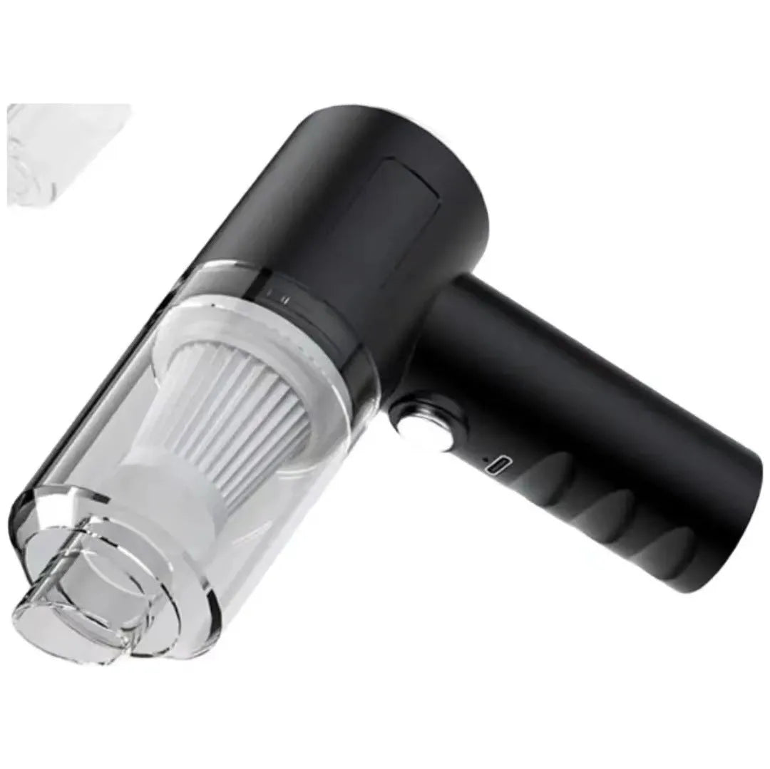 AS-228 Black handheld car cleaner with transparent dust cover and USB charging cable