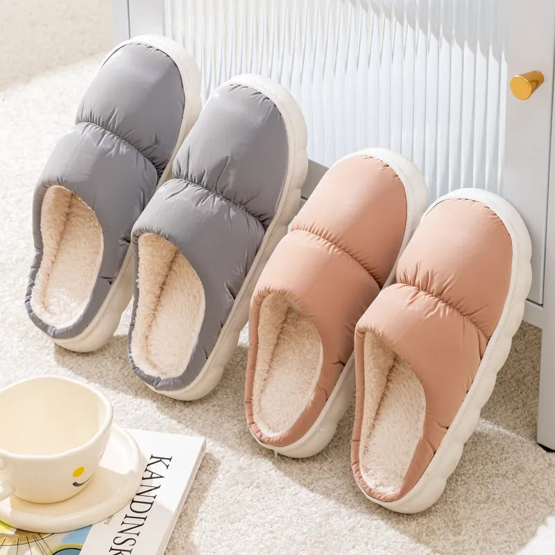 Artificial leather and rubber house slippers with thick sole and plush lining in blue, green, grey, pink or yellow
