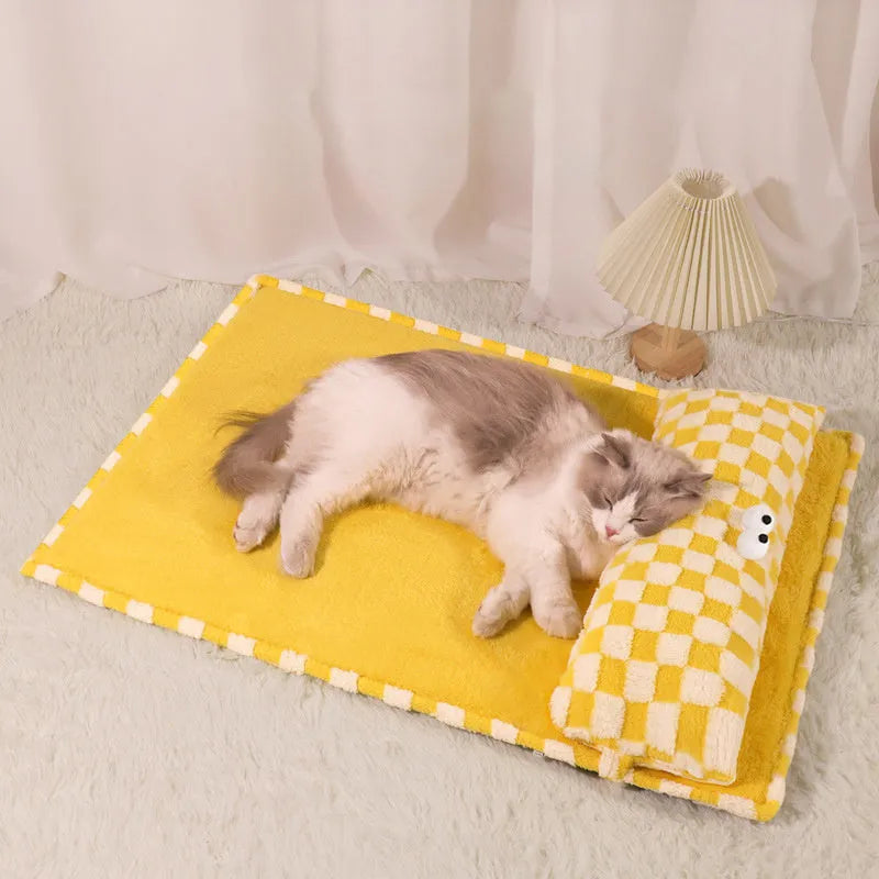 Four sizes of universal pet cushion with grey and yellow colour options showing different dimensions