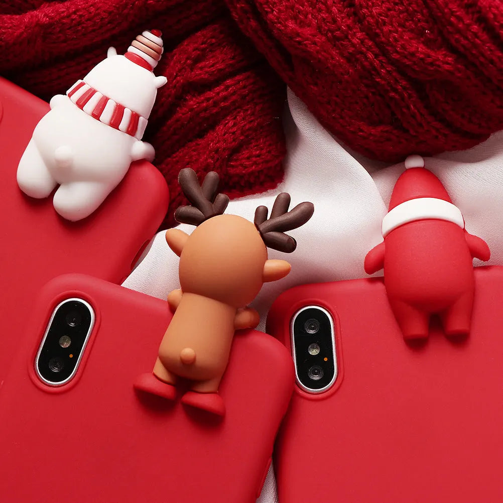 Christmas phone case in soft TPU with Santa Claus, Elk, or Snowman design and ball detail, back cover for iPhone.