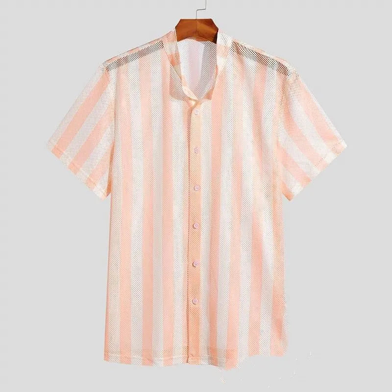 Men's pink waffle-textured summer shirt with short sleeves and cardigan style