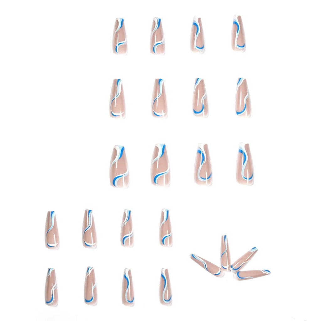 24-piece set of pre-finished plastic false nails in blue, purple, pink, and blue plus pink colours