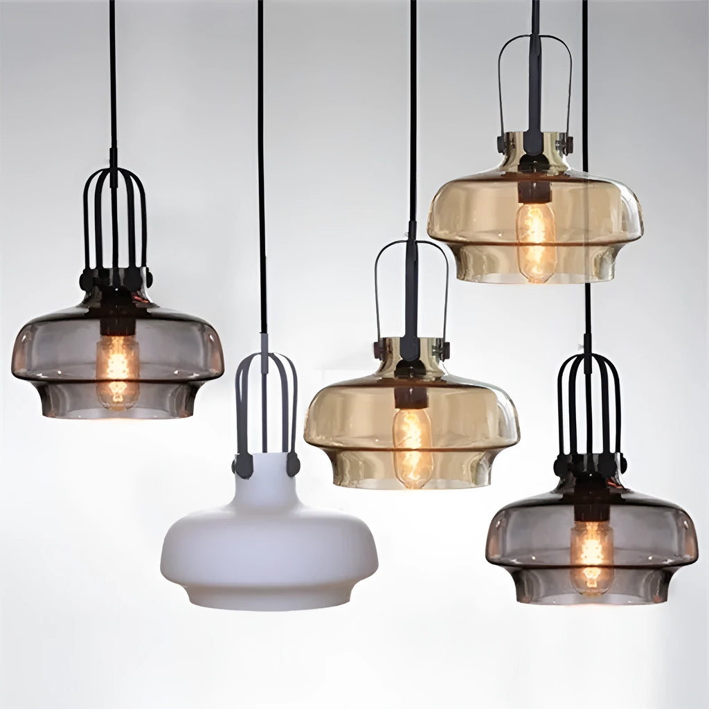 Retro industrial glass chandelier with warm light, available in three sizes and four glass colours for restaurant use