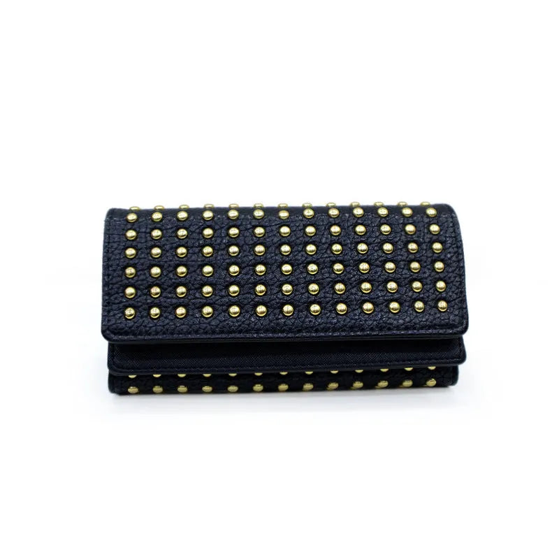 Women's rivet three-fold wallet in black PU leather, 19cm wide, horizontal square shape
