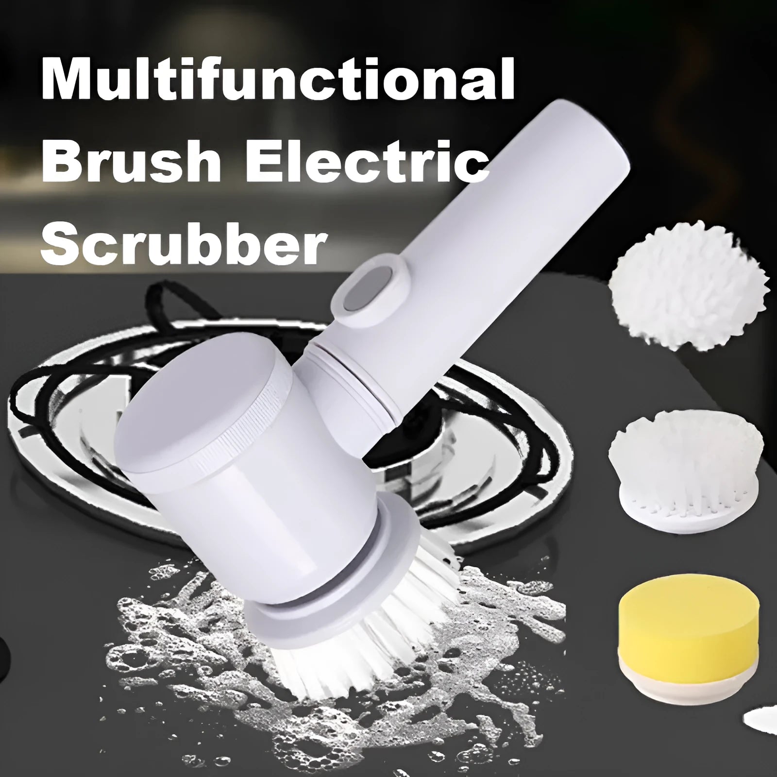 Rechargeable electric kitchen cleaning brush with multiple brush heads on a storage hook.