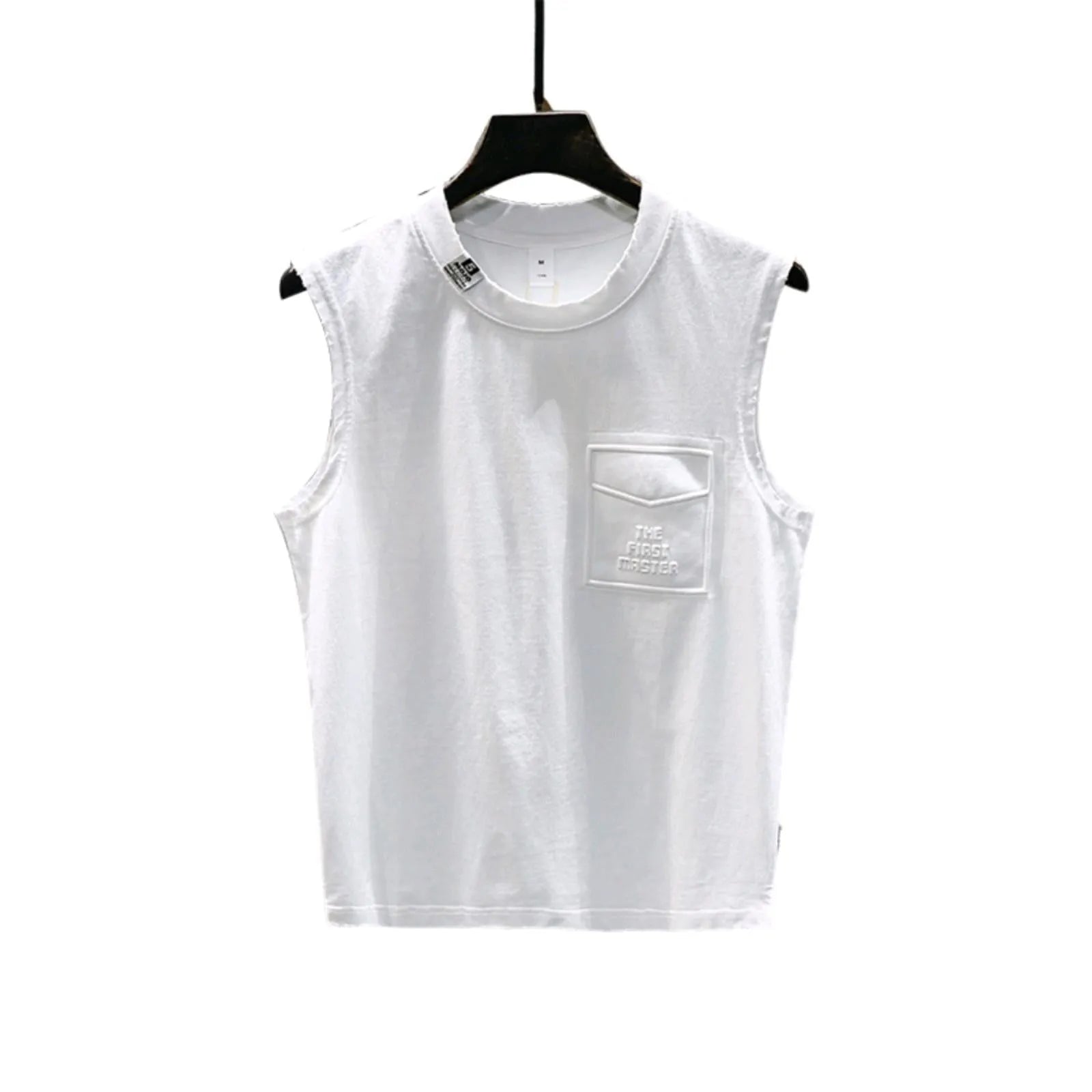 Men's solid black loose fit cotton sleeveless t-shirt with a straight hem.