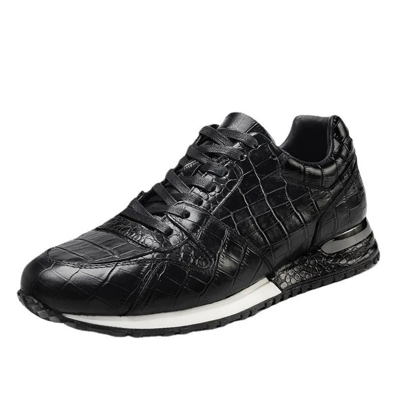 Crocodile pattern elevated leather shoes in black with wedge heel and rubber sole