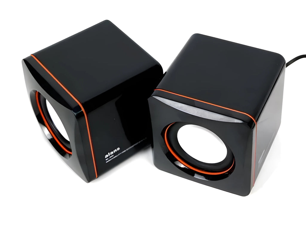 Small square black USB-powered 2.0 computer speaker for PC desktop.