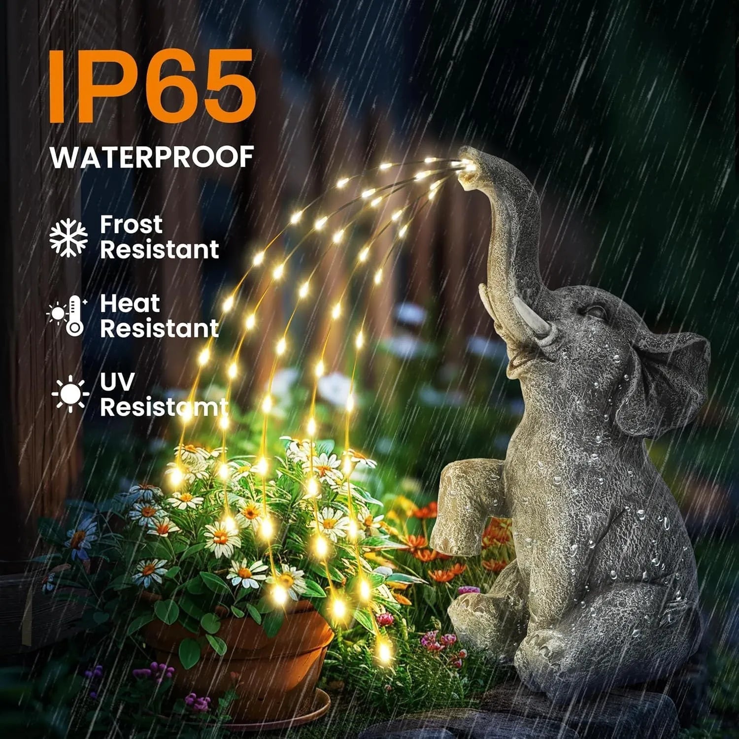 Resin elephant garden statue with integrated LED lighting, suitable for outdoor use.