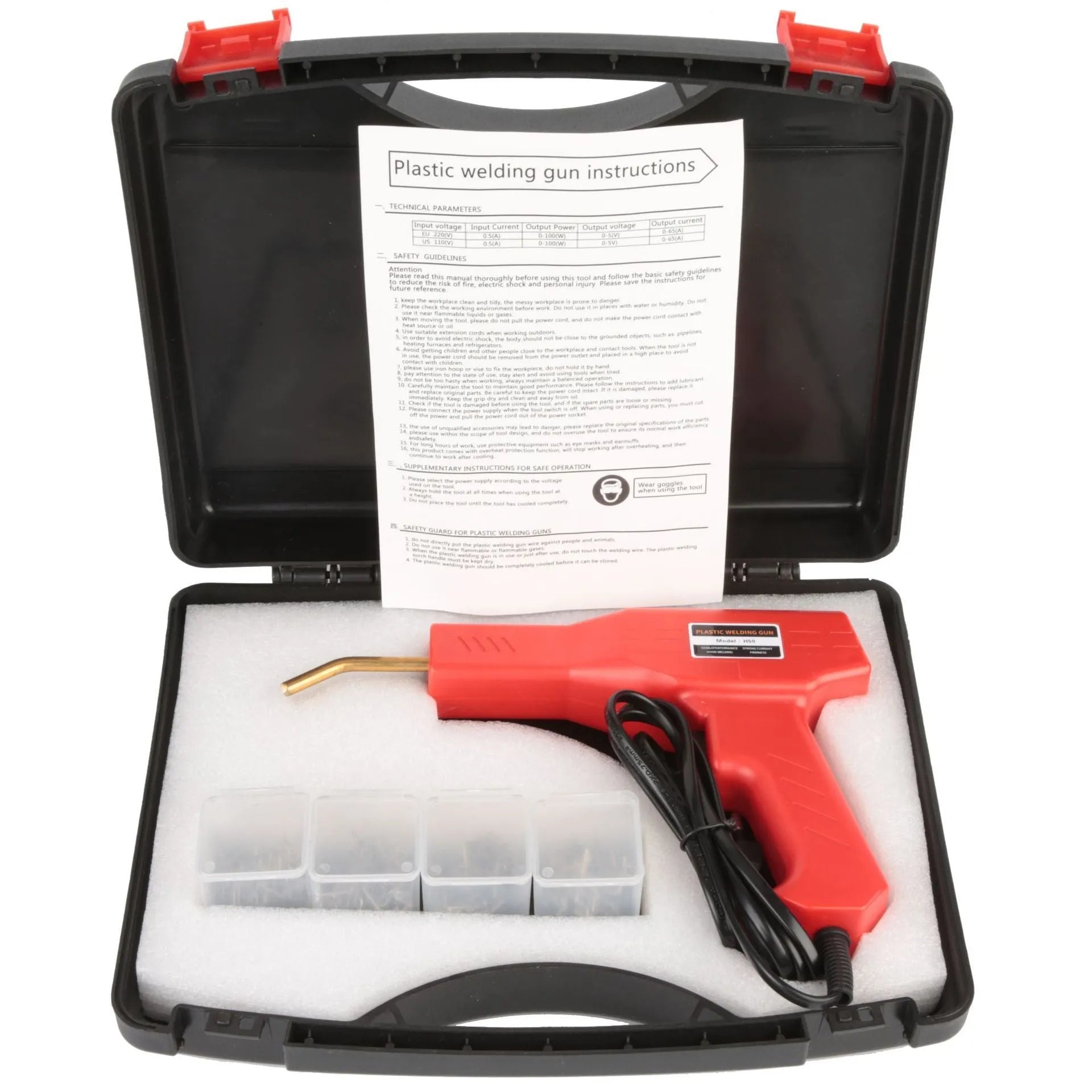 Red plastic welding gun with pure copper transformer in black plastic box with nails and pliers knife